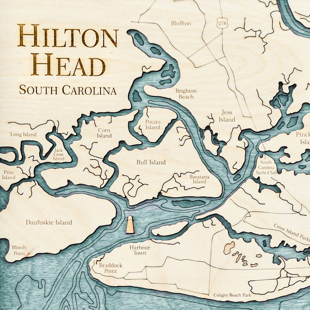 Hilton Head Nautical Map Wall Art Rustic Pine Accent with Blue Green Water Detail Shot 1