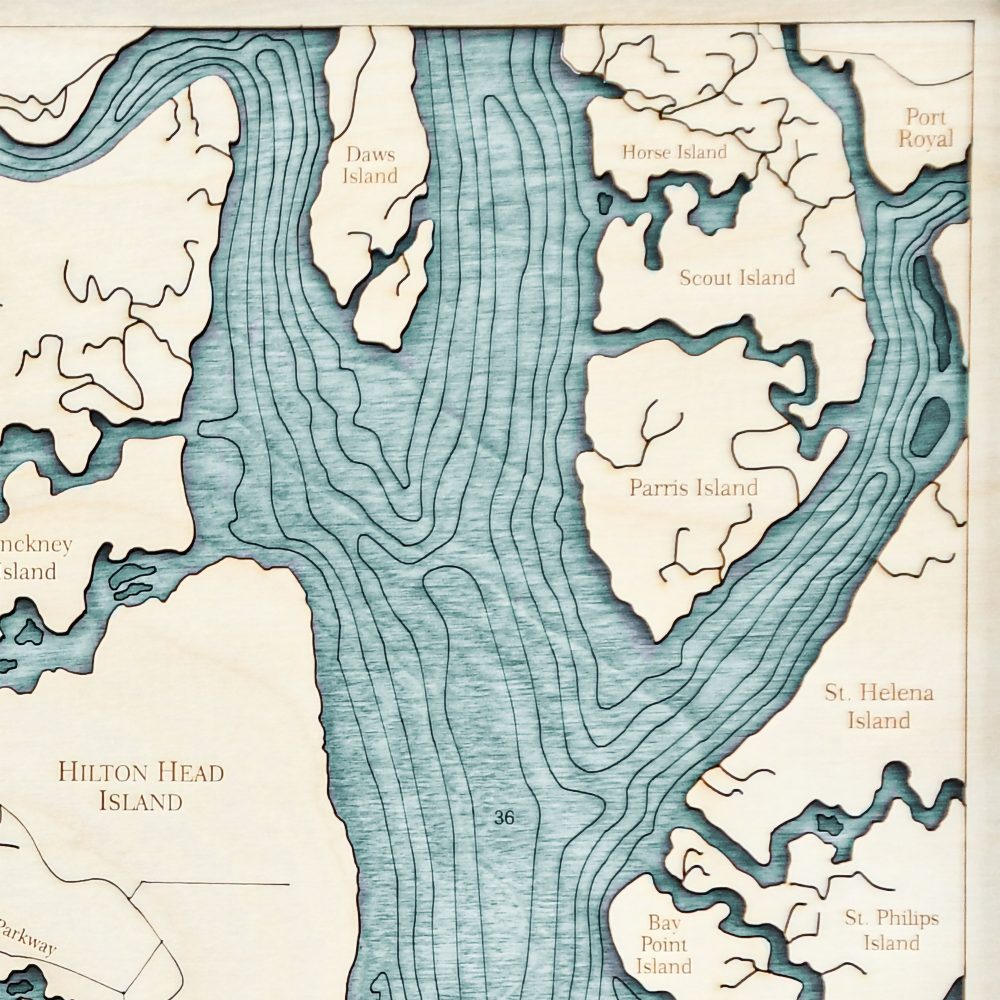 Hilton Head Nautical Map Wall Art Rustic Pine Accent with Blue Green Water Detail Shot 2