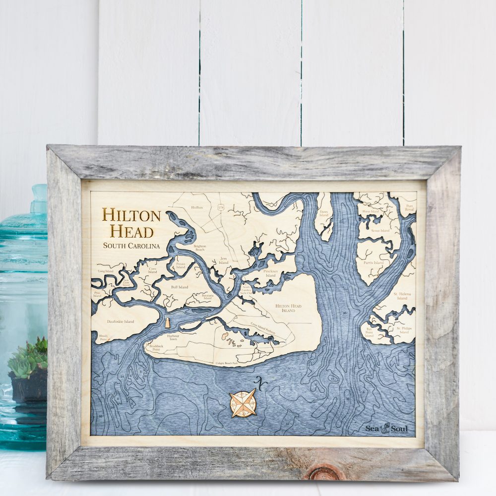 Hilton Head Nautical Map Wall Art Rustic Pine Accent with Deep Blue Water Sitting by Succulents