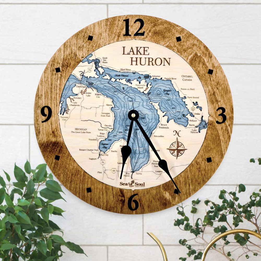 Lake Huron Nautical Clock Americana Accent with Deep Blue Water Hanging on Wall