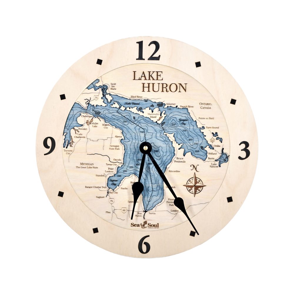 Lake Huron Nautical Clock Birch Accent with Deep Blue Water