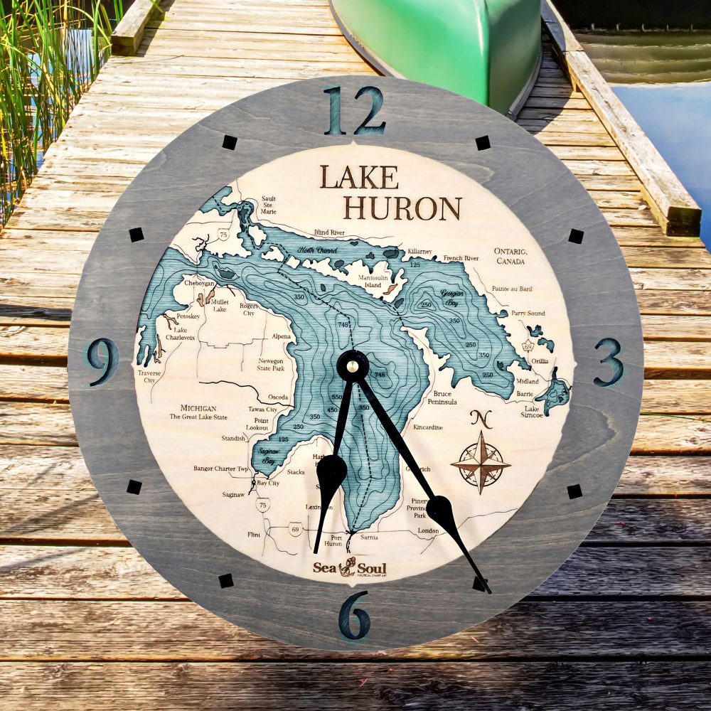 Lake Huron Nautical Clock Driftwood Accent with Blue Green Water Sitting on Lake Dock