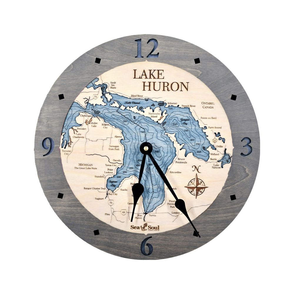 Lake Huron Nautical Clock Driftwood Accent with Deep Blue Water