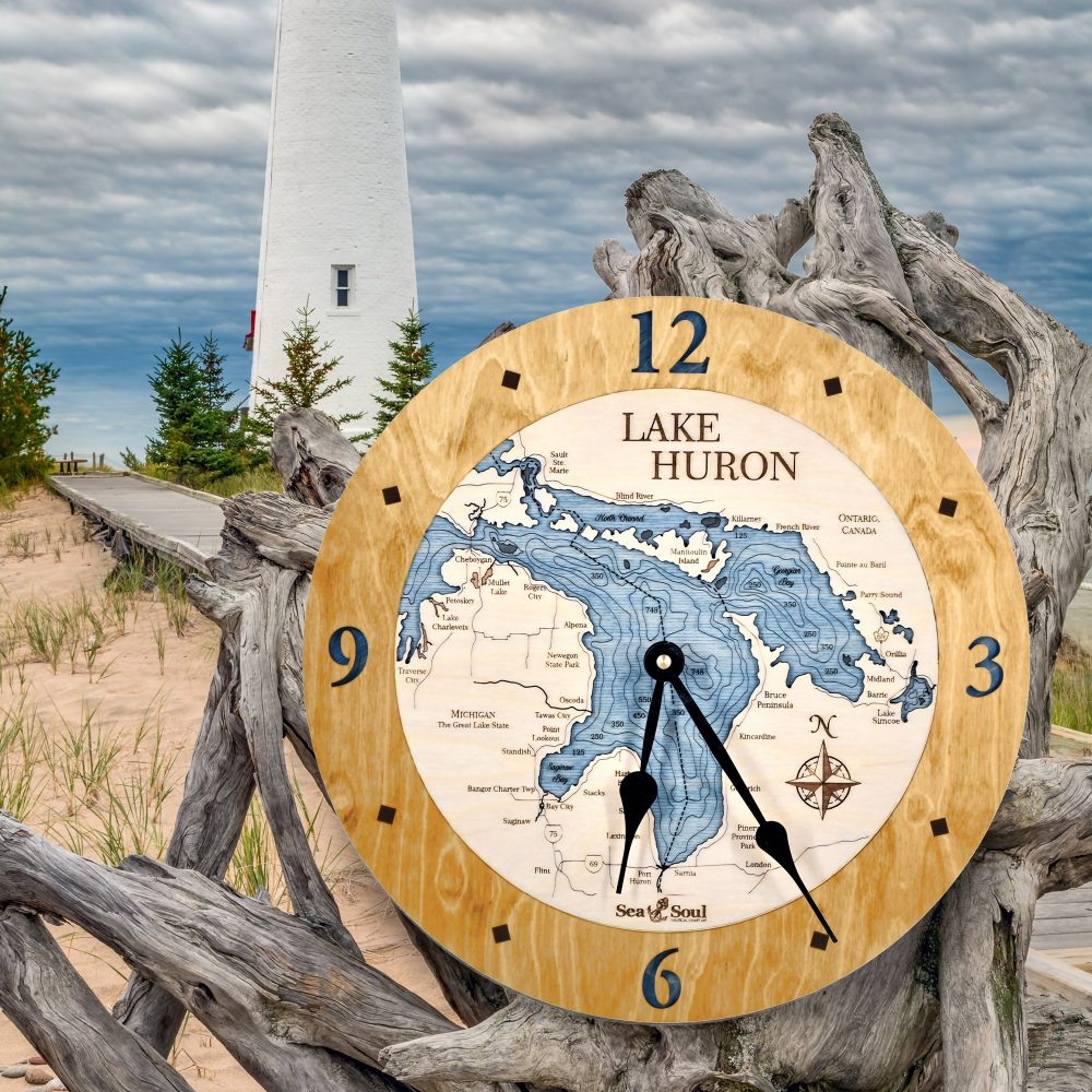 Lake Huron Nautical Clock Honey Accent with Deep Blue Water
