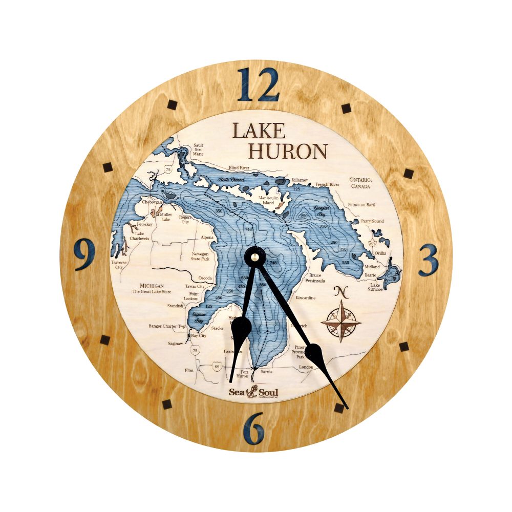 Lake Huron Nautical Clock Honey Accent with Deep Blue Water
