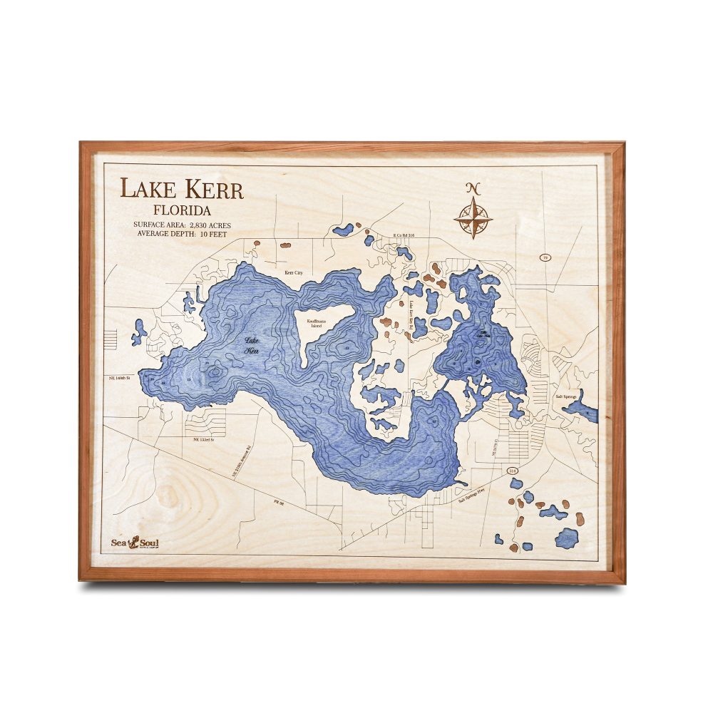 Lake Kerr Nautical Map Wall Art Cherry Accent with Deep Blue Water