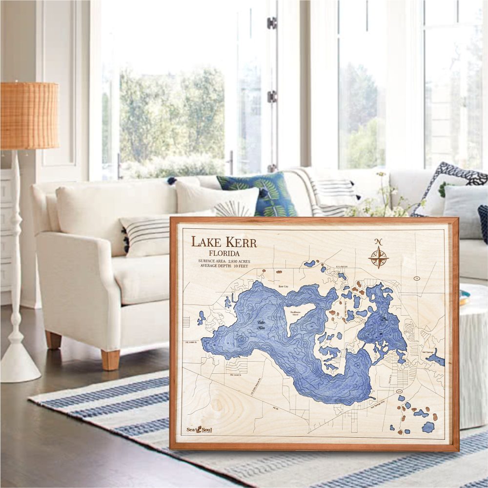 Lake Kerr Nautical Map Wall Art Cherry Accent with Deep Blue Water Sitting in Living Room by Couch