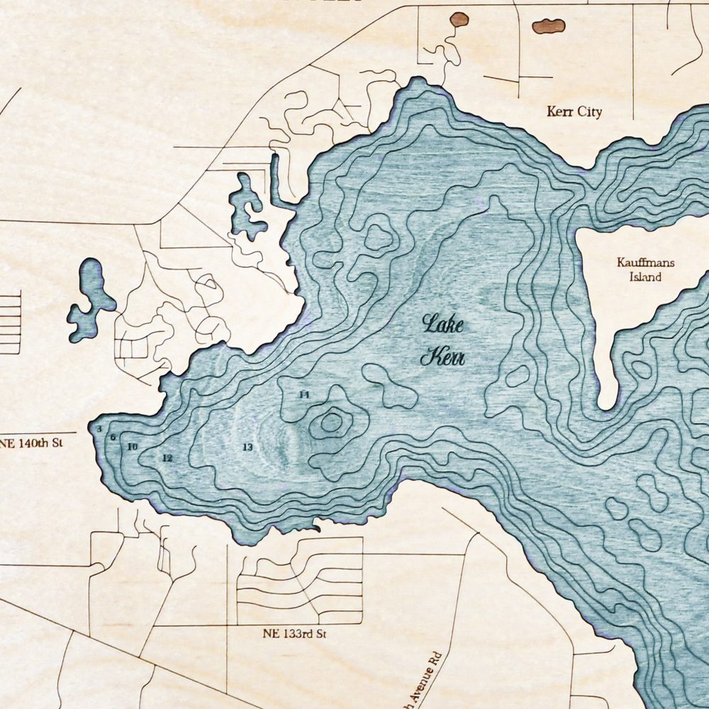 Lake Kerr Nautical Map Wall Art Oak Accent with Blue Green Water Detail Shot 1
