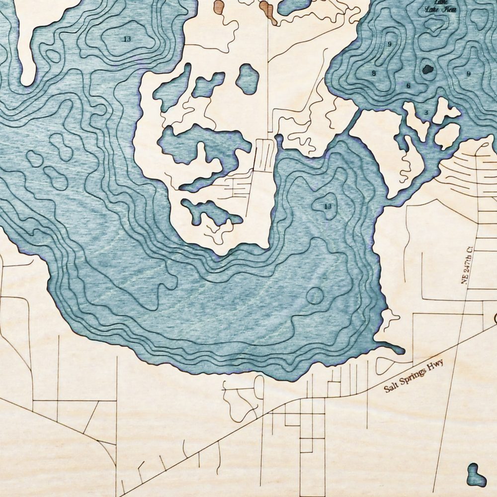 Lake Kerr Nautical Map Wall Art Oak Accent with Blue Green Water Detail Shot 2