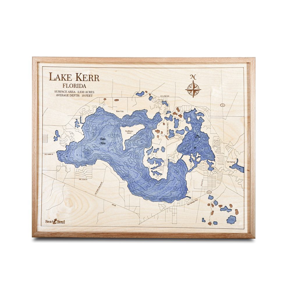 Lake Kerr Nautical Map Wall Art Oak Accent with Deep Blue Water