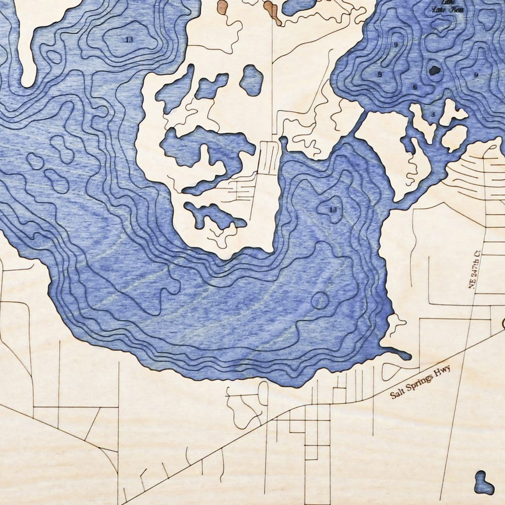 Lake Kerr Nautical Map Wall Art Oak Accent with Deep Blue Water Detail Shot 2