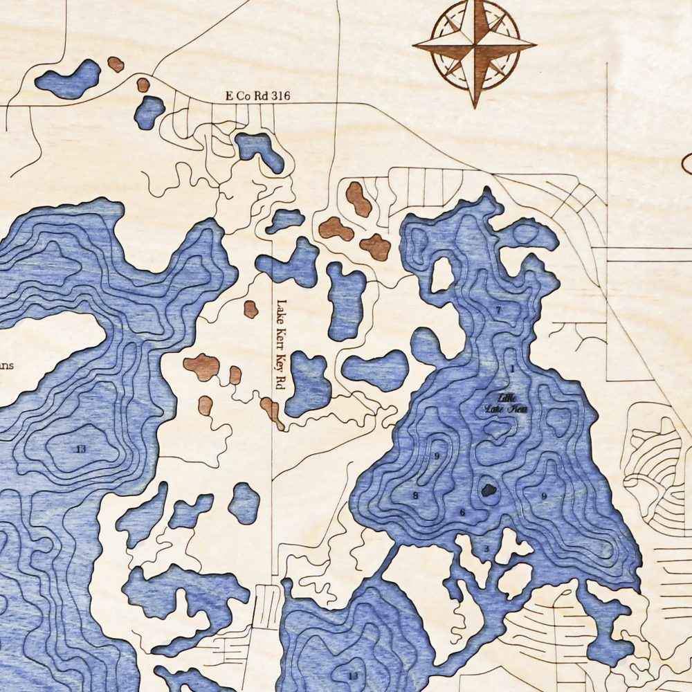 Lake Kerr Nautical Map Wall Art Oak Accent with Deep Blue Water Detail Shot 3