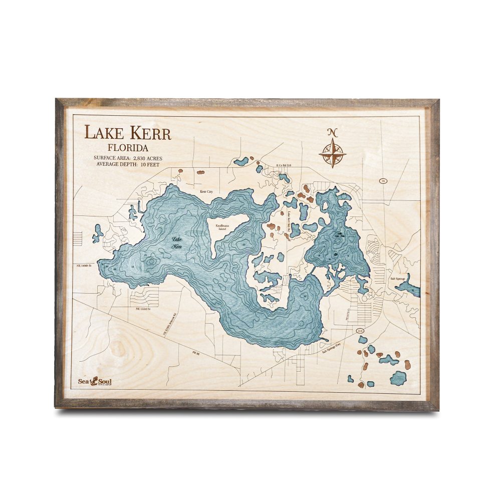 Lake Kerr Nautical Map Wall Art Rustic Pine Accent with Blue Green Water