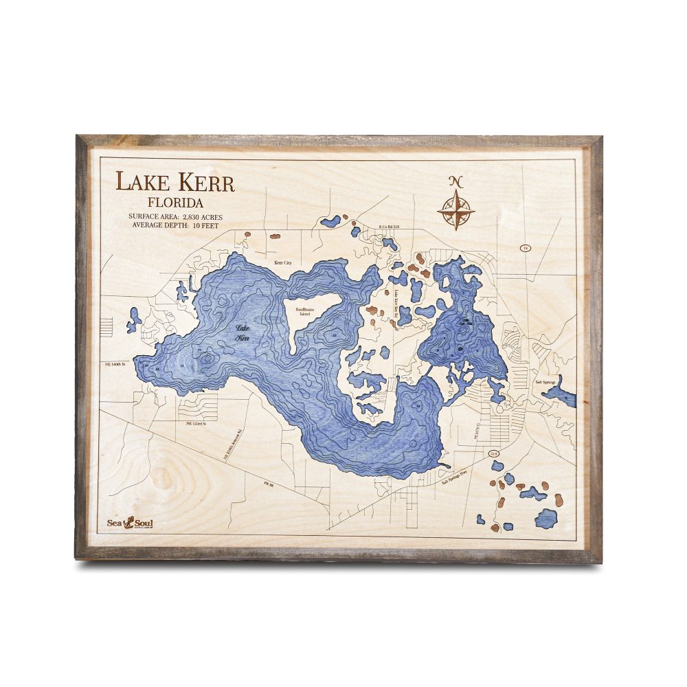 Lake Kerr Nautical Map Wall Art Rustic Pine Accent with Deep Blue Water