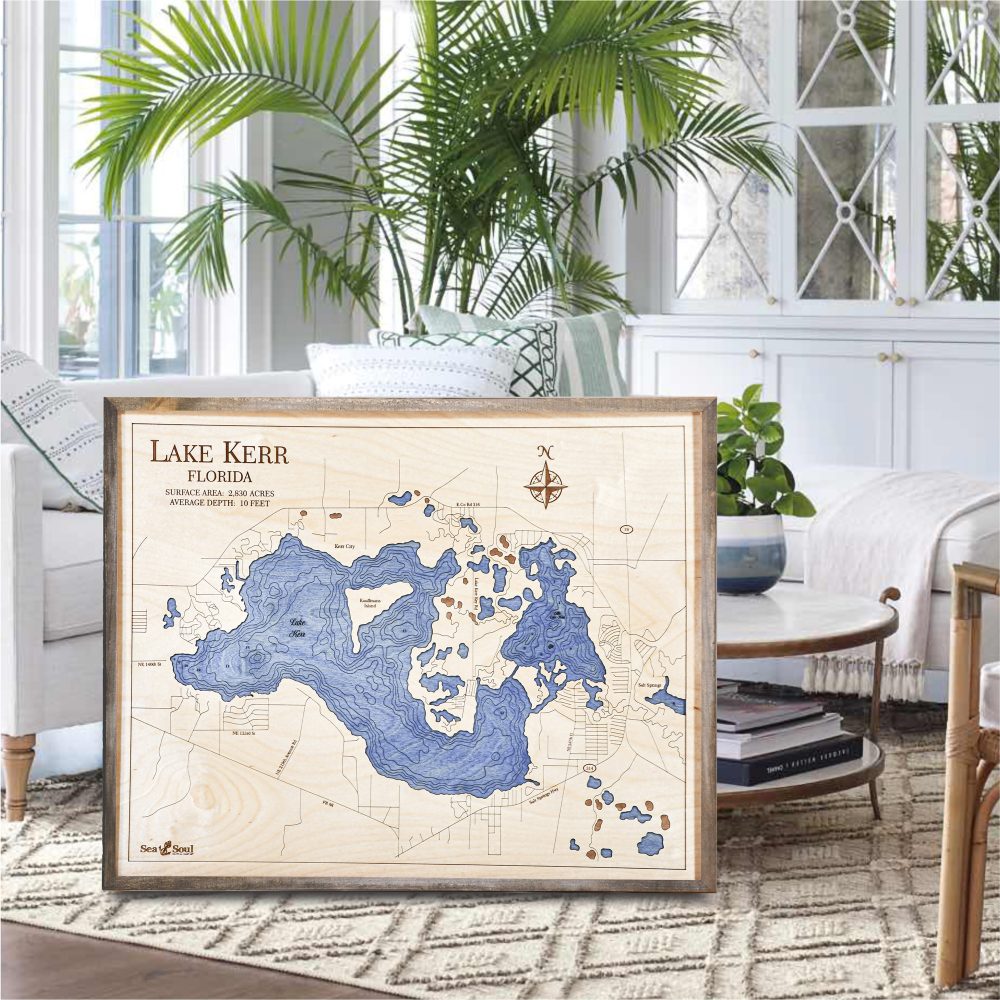 Lake Kerr Nautical Map Wall Art Rustic Pine Accent with Deep Blue Water Sitting in Living Room by Coffee Table and Couch