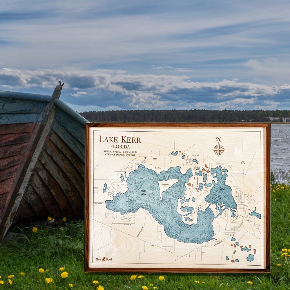 Lake Kerr Nautical Map Wall Art Walnut Accent with Blue Green Water Sitting by Boat and Waterfront