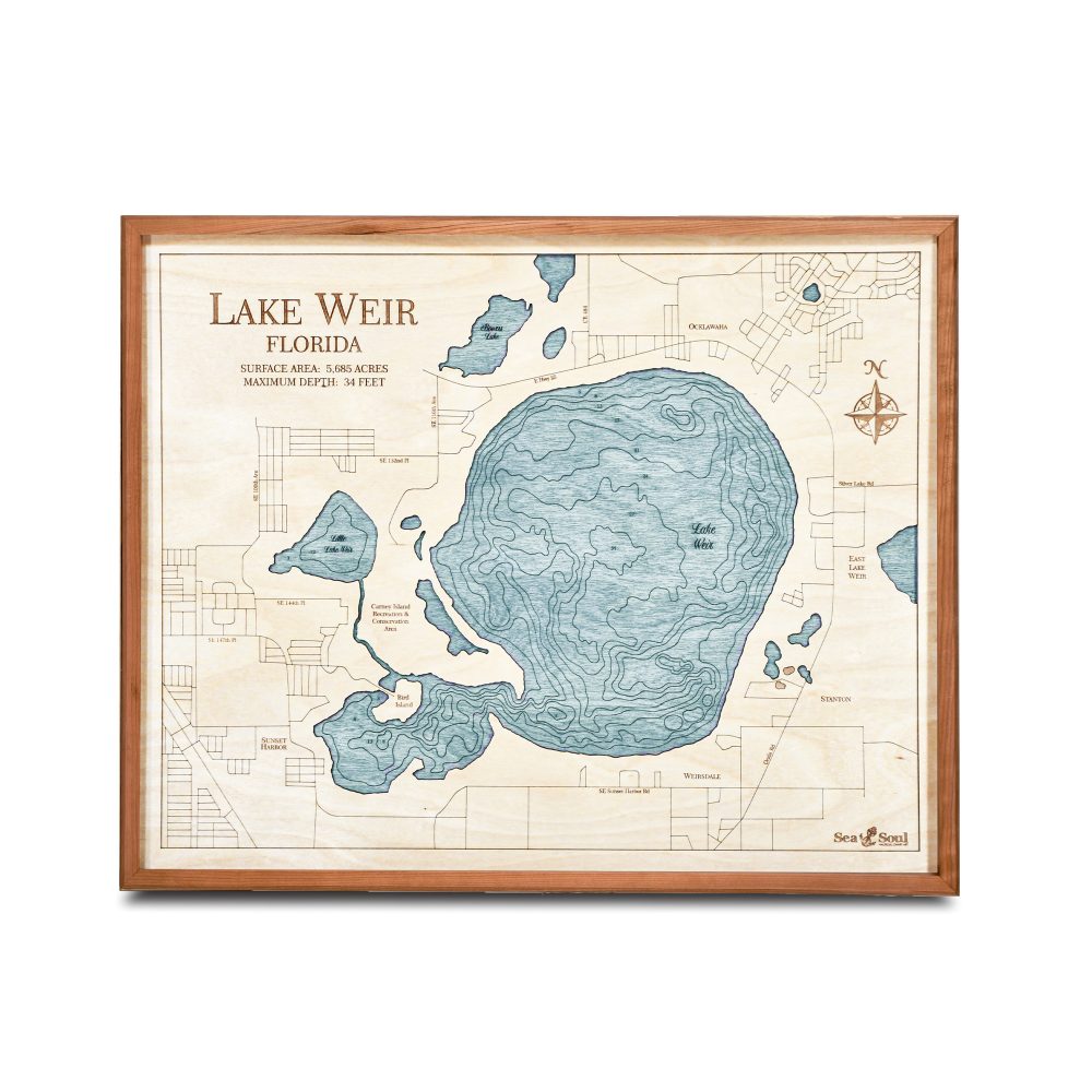 Lake Weir Nautical Map Wall Art Cherry Accent with Blue Green Water