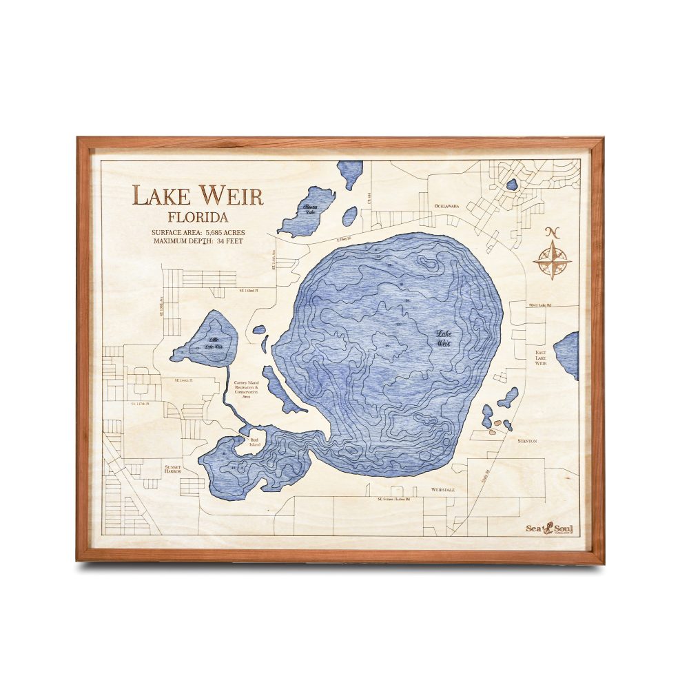 Lake Weir Nautical Map Wall Art Cherry Accent with Deep Blue Water