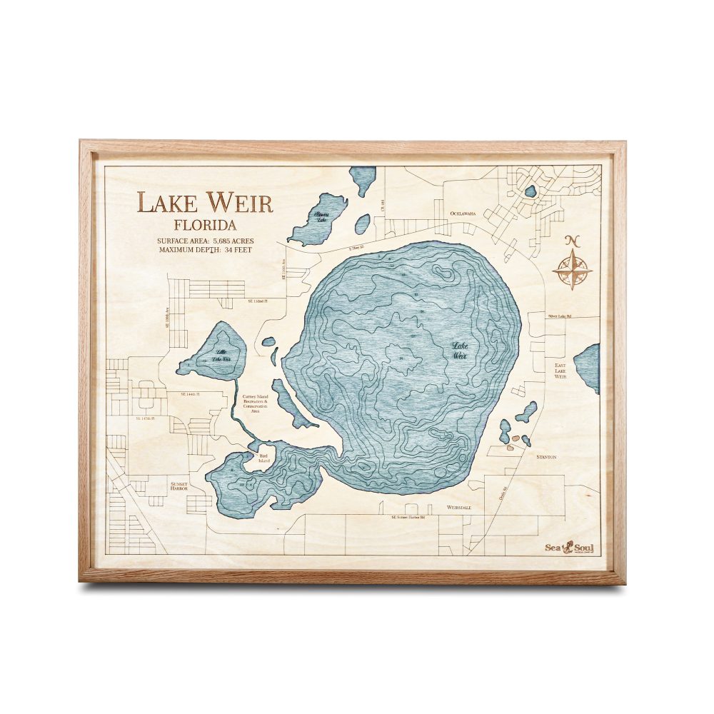 Lake Weir Nautical Map Wall Art Oak Accent with Blue Green Water