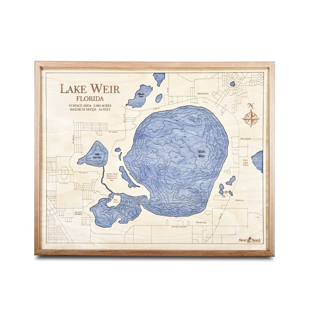 Lake Weir Nautical Map Wall Art Oak Accent with Deep Blue Water