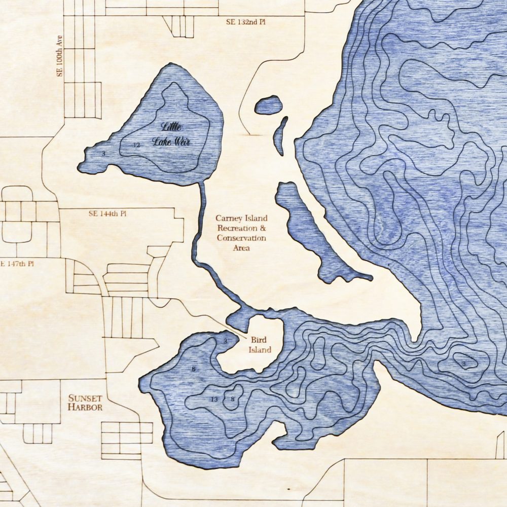 Lake Weir Nautical Map Wall Art Oak Accent with Deep Blue Water Detail Shot 1