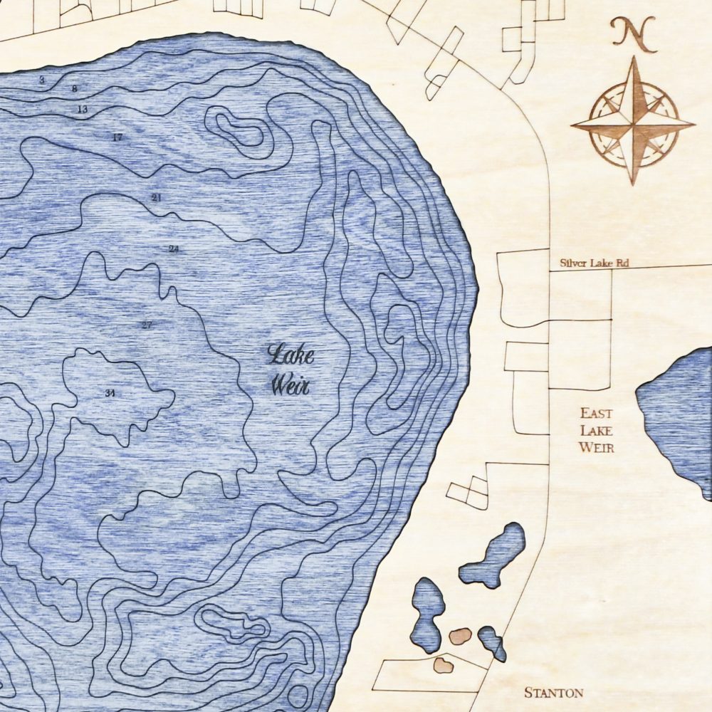 Lake Weir Nautical Map Wall Art Oak Accent with Deep Blue Water Detail Shot 3