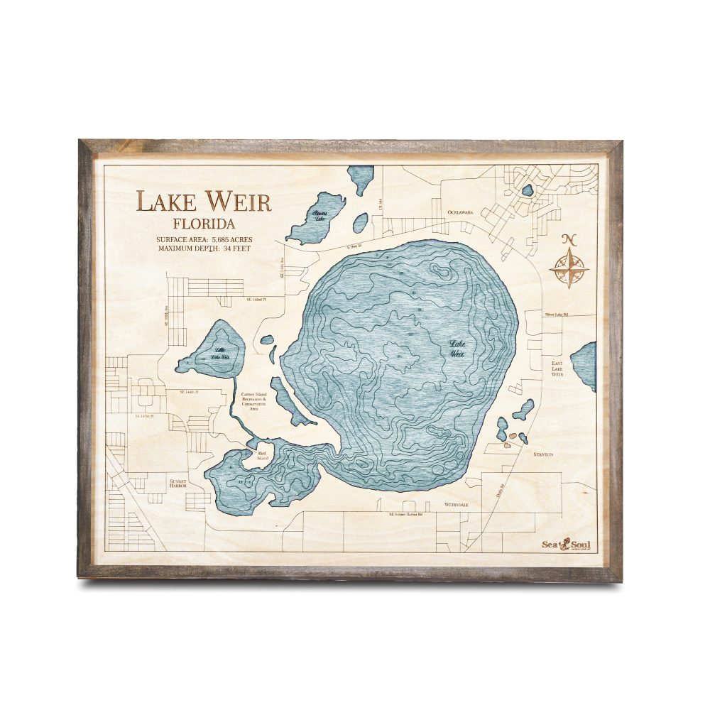 Lake Weir Nautical Map Wall Art Rustic Pine Accent with Blue Green Water