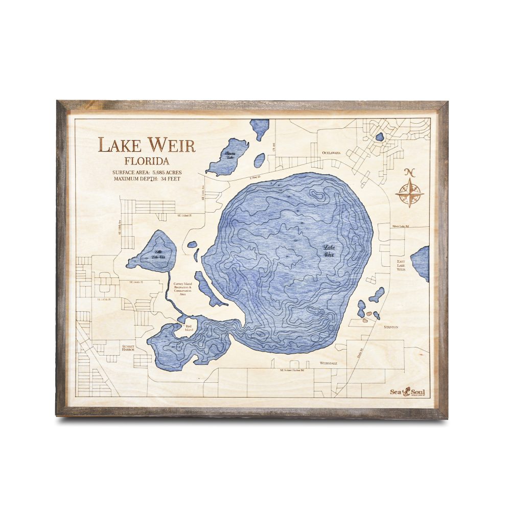 Lake Weir Nautical Map Wall Art Rustic Pine Accent with Deep Blue Water