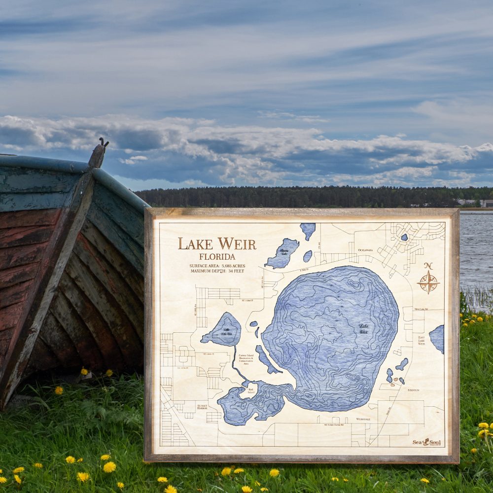 Lake Weir Nautical Map Wall Art Rustic Pine Accent with Deep Blue Water Sitting by Boat and Waterfront