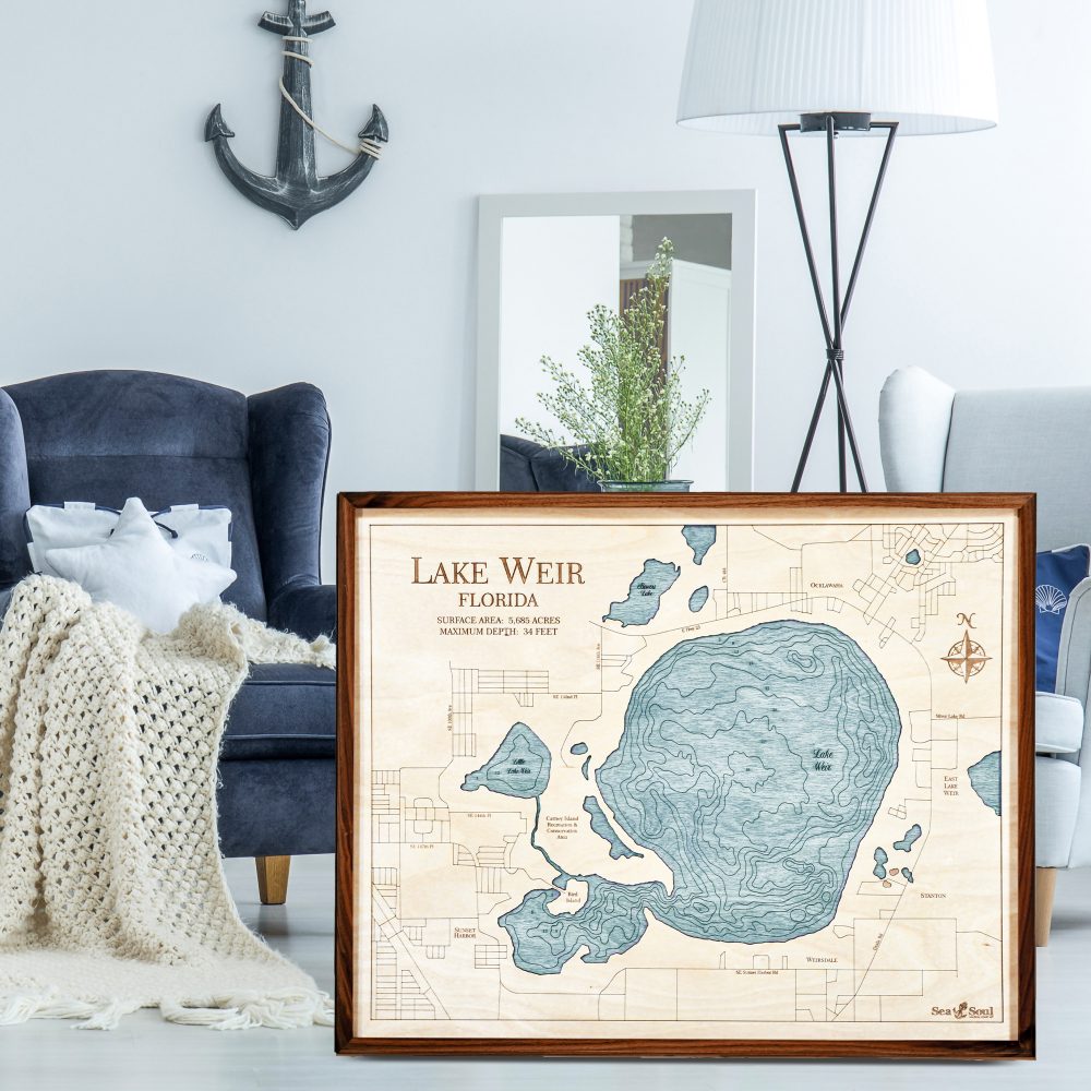 Lake Weir Nautical Map Wall Art Walnut Accent with Blue Green Water Sitting in Living Room by Armchairs