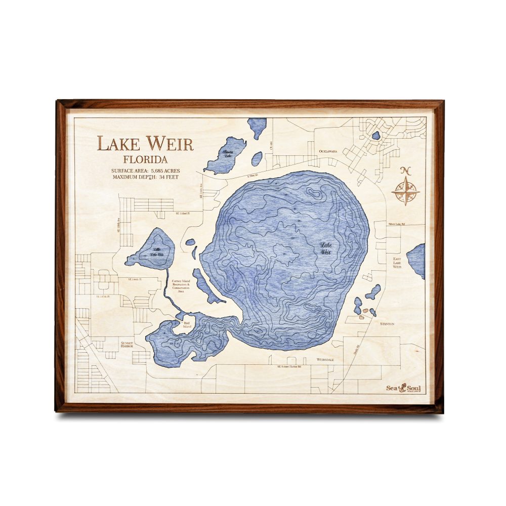 Lake Weir Nautical Map Wall Art Walnut Accent with Deep Blue Water