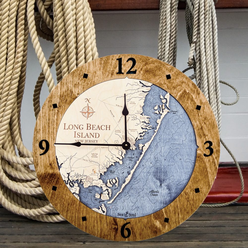 Long Beach Island Nautical Wall Clock Americana Accent with Deep Blue Water Sitting on Dock by Boat