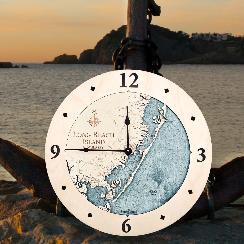 Long Beach Nautical Wall Clock Birch Accent with Blue Green Water Sitting on Rocks by Anchor and Waterfront