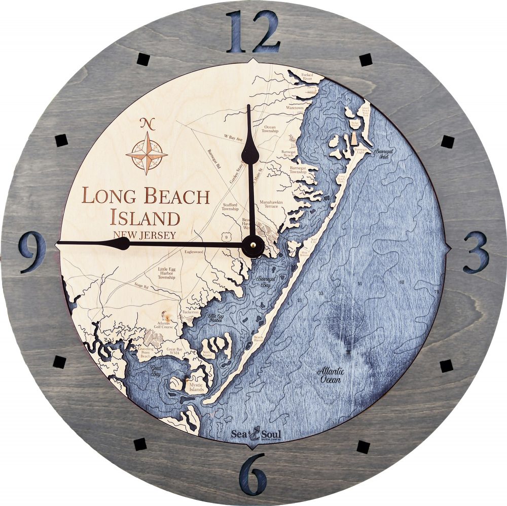 Long Beach Island Nautical Wall Clock Driftwood Accent with Deep Blue Water Product Shot