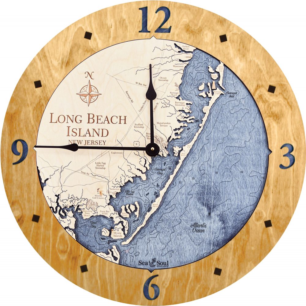 Long Beach Island Nautical Wall Clock Honey Accent with Deep Blue Water Product Shot