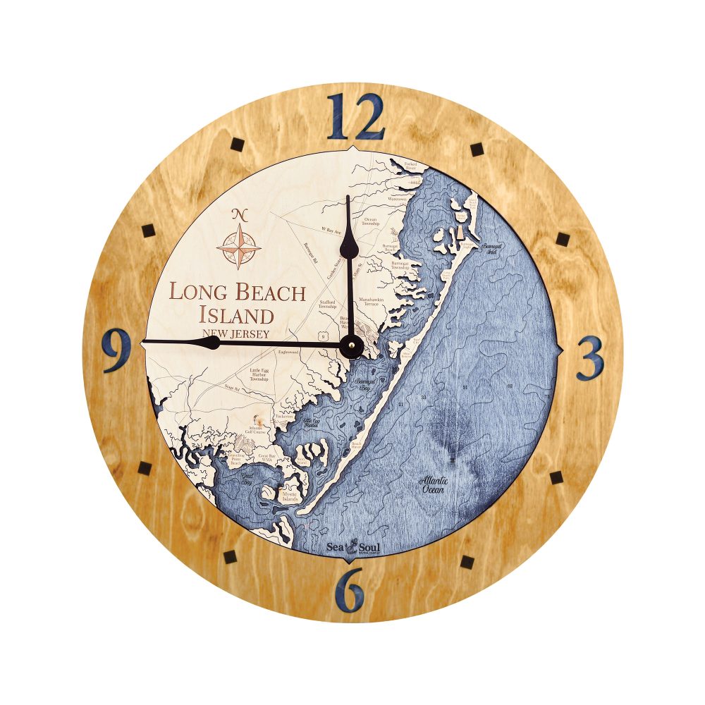 Long Beach Island Nautical Wall Clock Honey Accent with Deep Blue Water