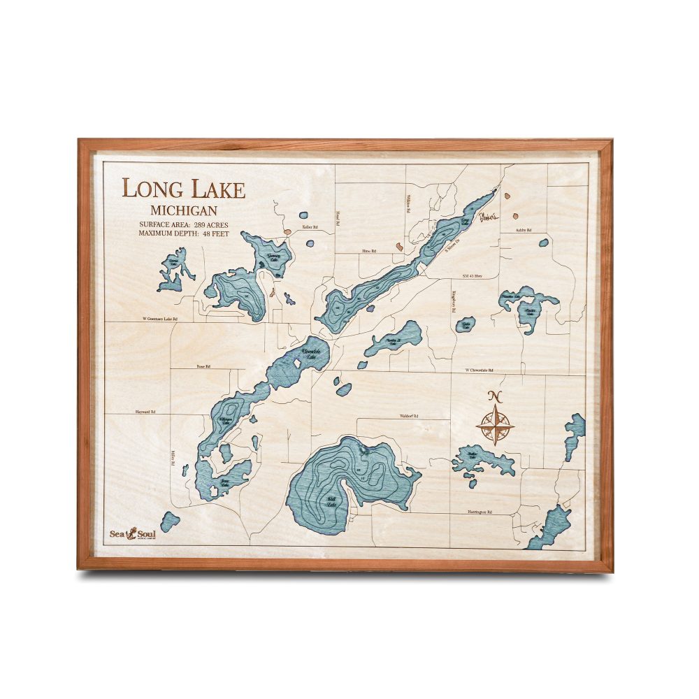Long Lake Nautical Map Wall Art Cherry Accent with Blue Green Water