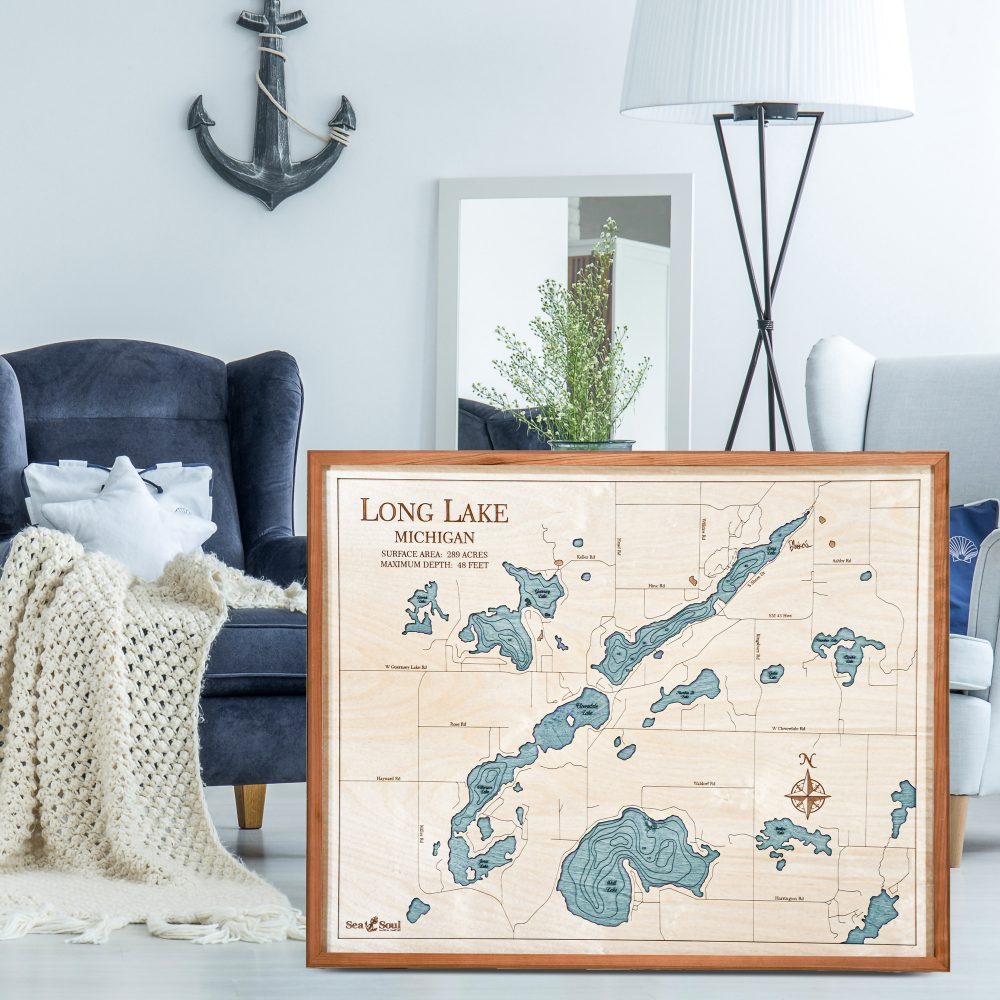 Long Lake Nautical Map Wall Art Cherry Accent with Blue Green Water Sitting in Living Room by Armchairs