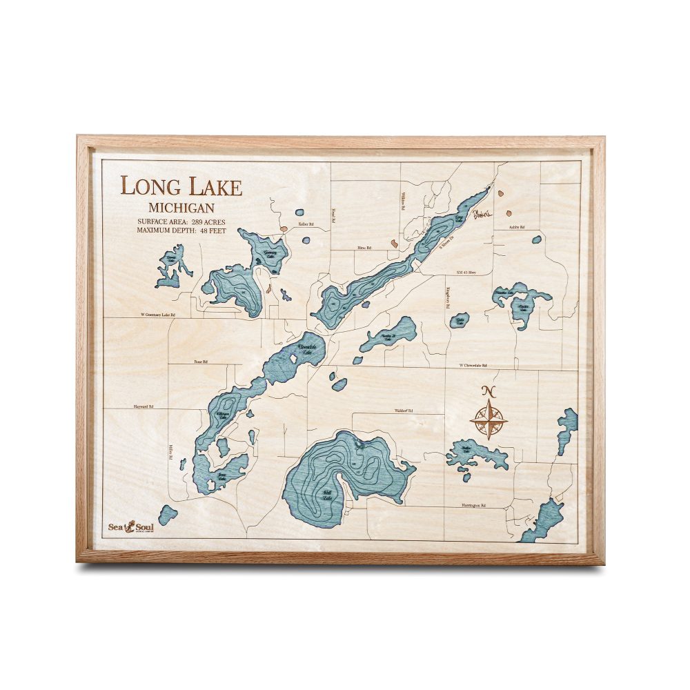 Long Lake Nautical Map Wall Art Oak Accent with Blue Green Water