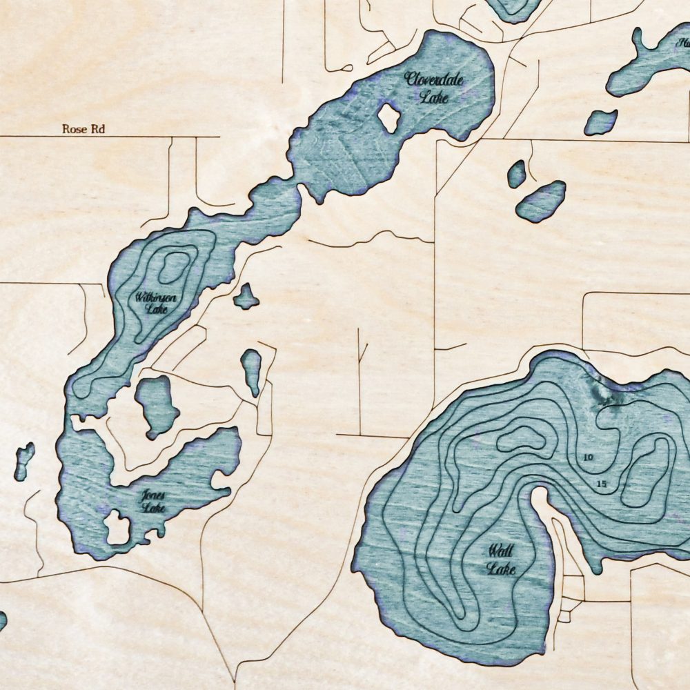 Long Lake Nautical Map Wall Art Oak Accent with Blue Green Water Detail Shot 2
