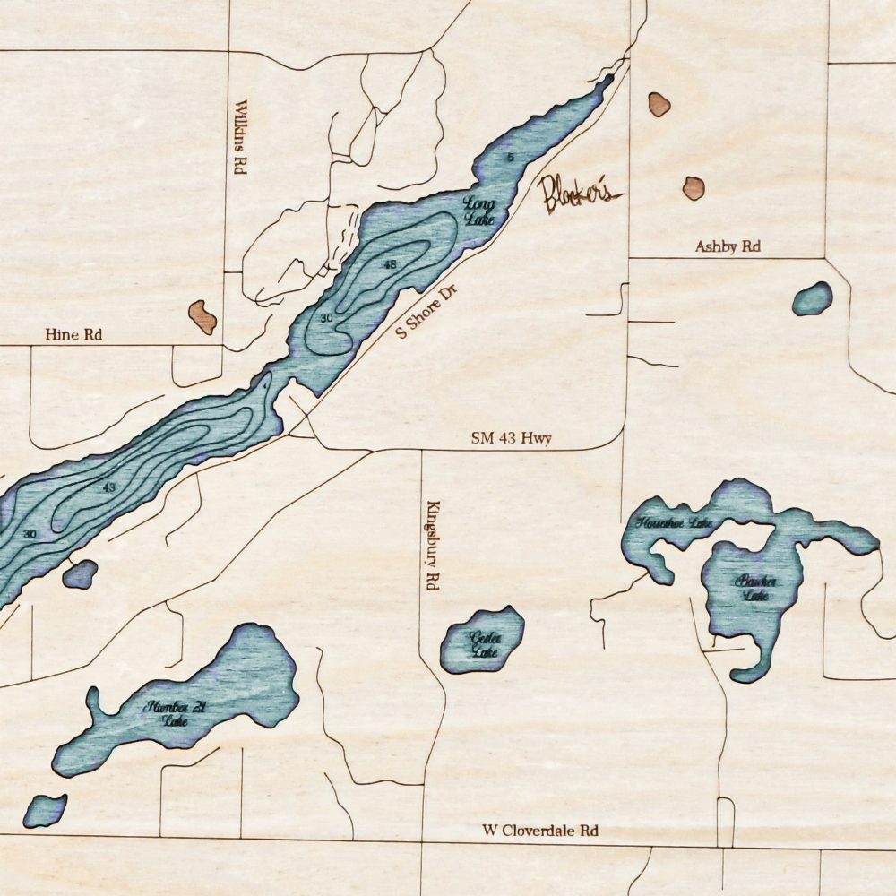 Long Lake Nautical Map Wall Art Oak Accent with Blue Green Water Detail Shot 3