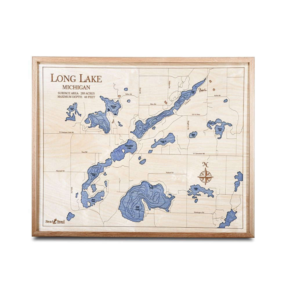 Long Lake Nautical Map Wall Art Oak Accent with Deep Blue Water