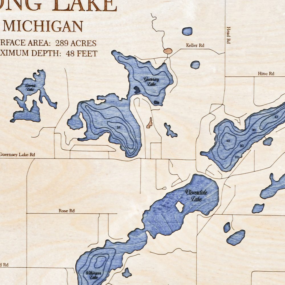 Long Lake Nautical Map Wall Art Oak Accent with Deep Blue Water Detail Shot 1