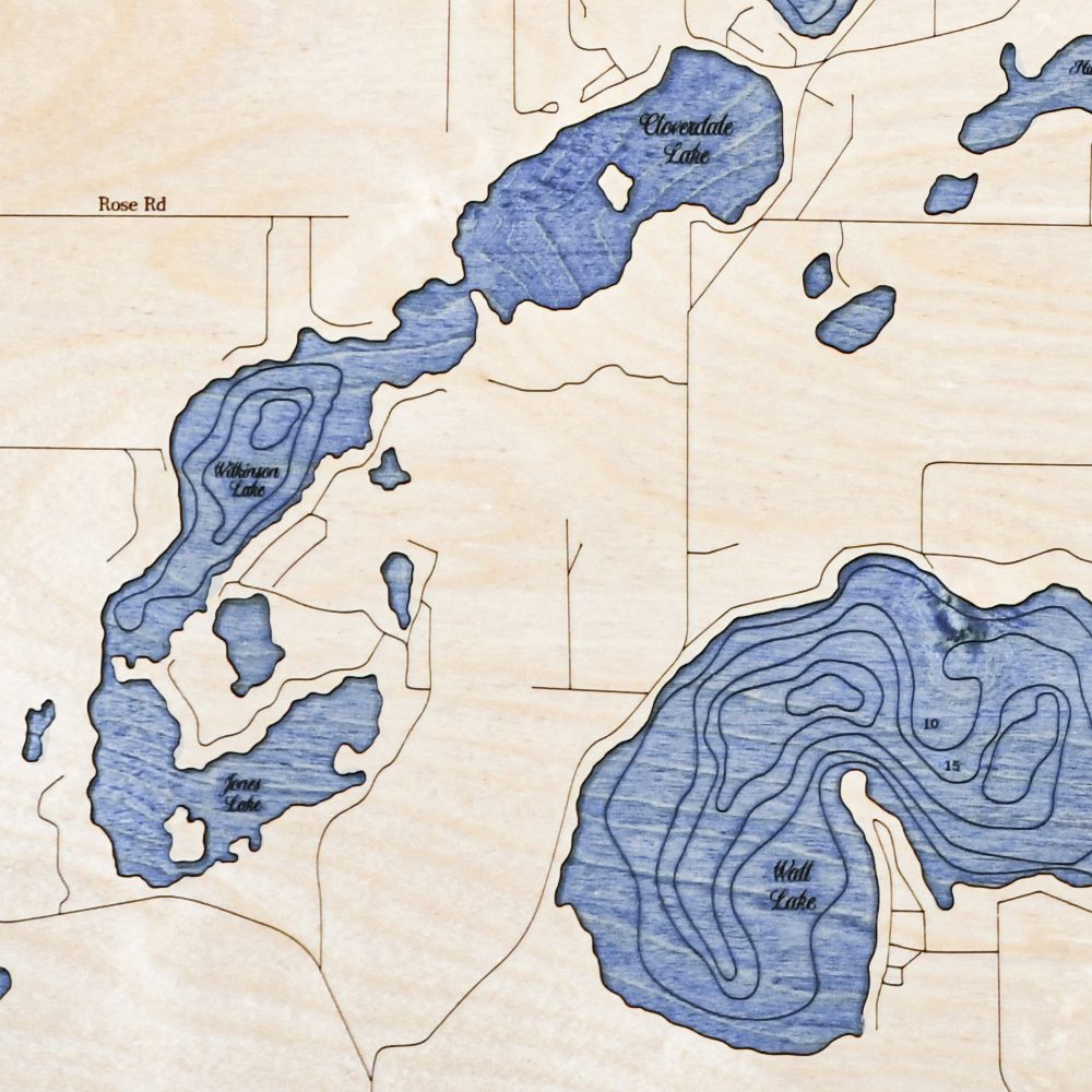 Long Lake Nautical Map Wall Art Oak Accent with Deep Blue Water Detail Shot 2