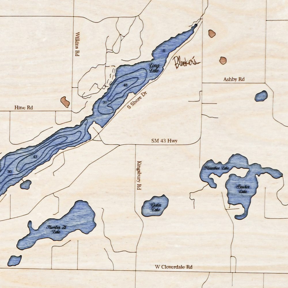Long Lake Nautical Map Wall Art Oak Accent with Deep Blue Water Detail Shot 3