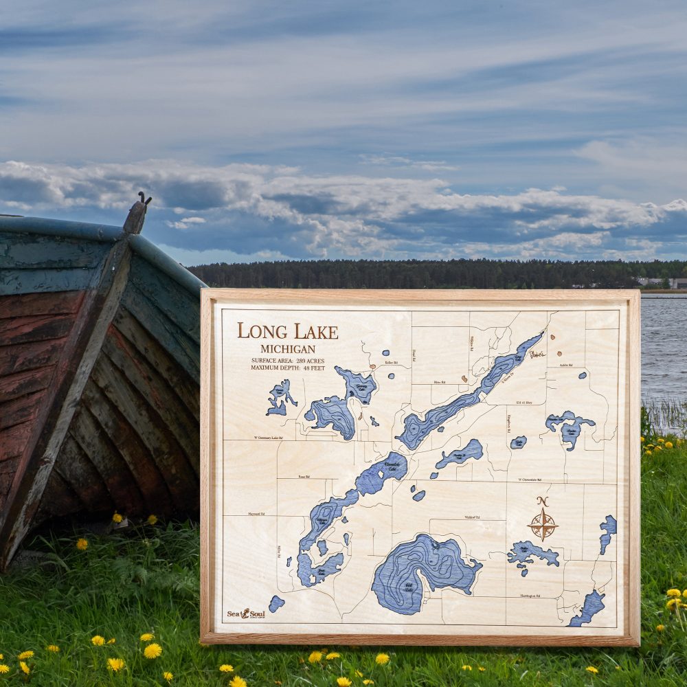 Long Lake Nautical Map Wall Art Oak Accent with Deep Blue Water Sitting by Boat and Waterfront
