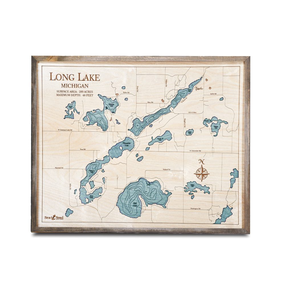 Long Lake Nautical Map Wall Art Rustic Pine Accent with Blue Green Water