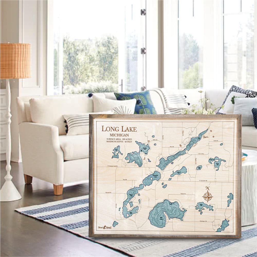 Long Lake Nautical Map Wall Art Rustic Pine Accent with Blue Green Water Sitting in Living Room by Coffee Table and Couch