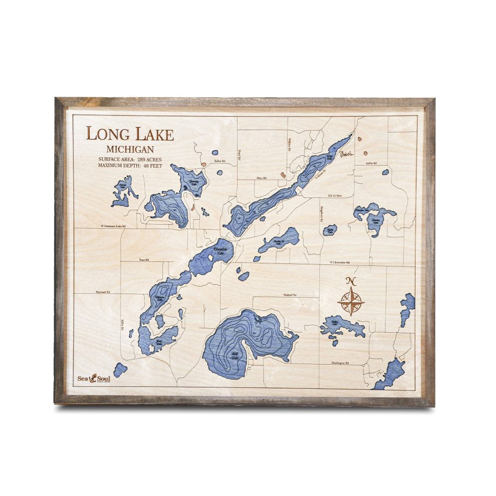 Long Lake Nautical Map Wall Art Rustic Pine Accent with Deep Blue Water