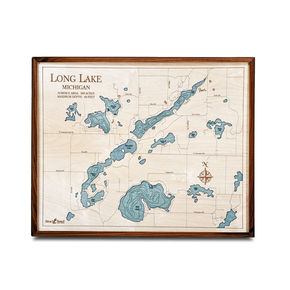 Long Lake Nautical Map Wall Art Walnut Accent with Blue Green Water